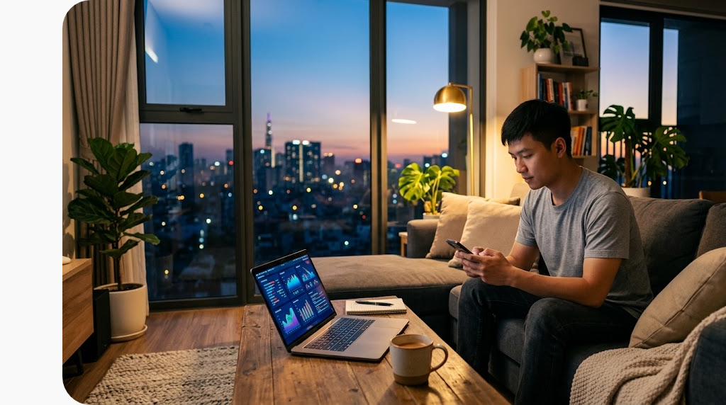 Cá Cược Trực Tuyến Là Gì? Hướng Dẫn Toàn Diện Cho Người Mới Bắt Đầu 2 Không gian sống hiện đại theo dõi trận đấu qua màn hình lớn buổi tối