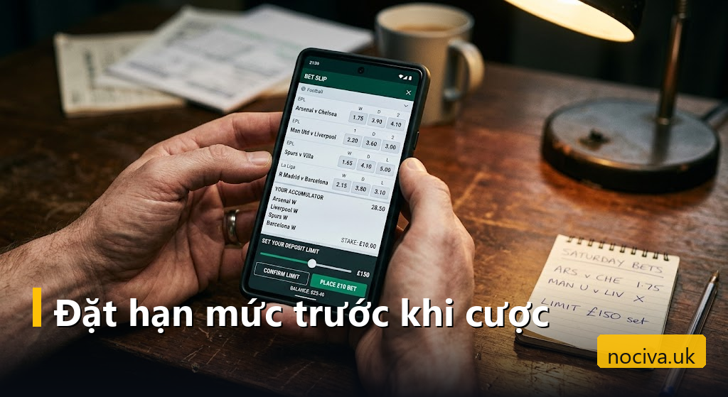 Bàn tay giữ điện thoại hiện bảng kèo bóng đá kèm thanh giới hạn chi tiêu