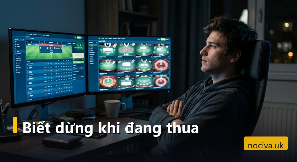 Người chơi ngả người rời mắt khỏi hai màn hình kèo và sảnh casino ban đêm