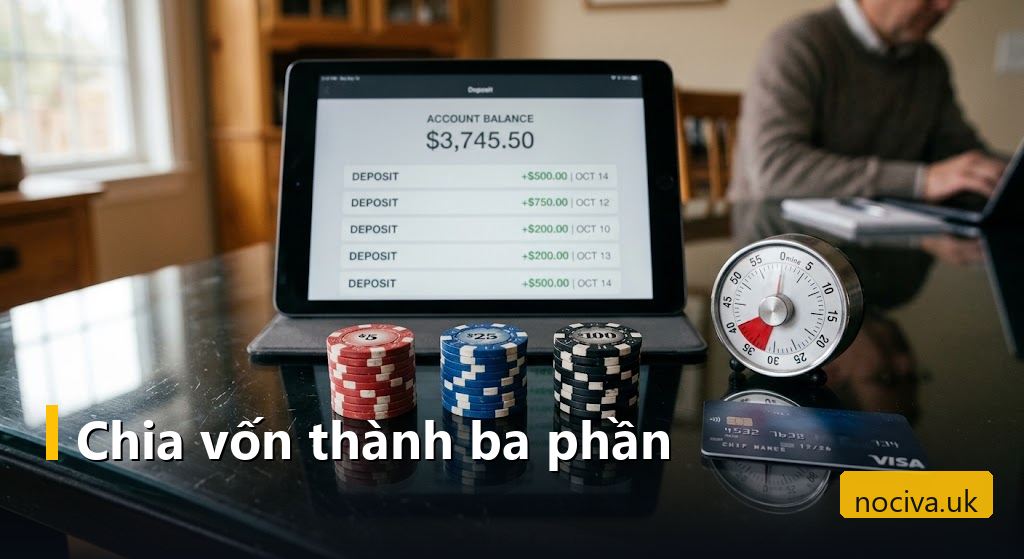 Ba chồng chip cược chia đều minh hoạ cờ bạc có trách nhiệm bằng hạn mức