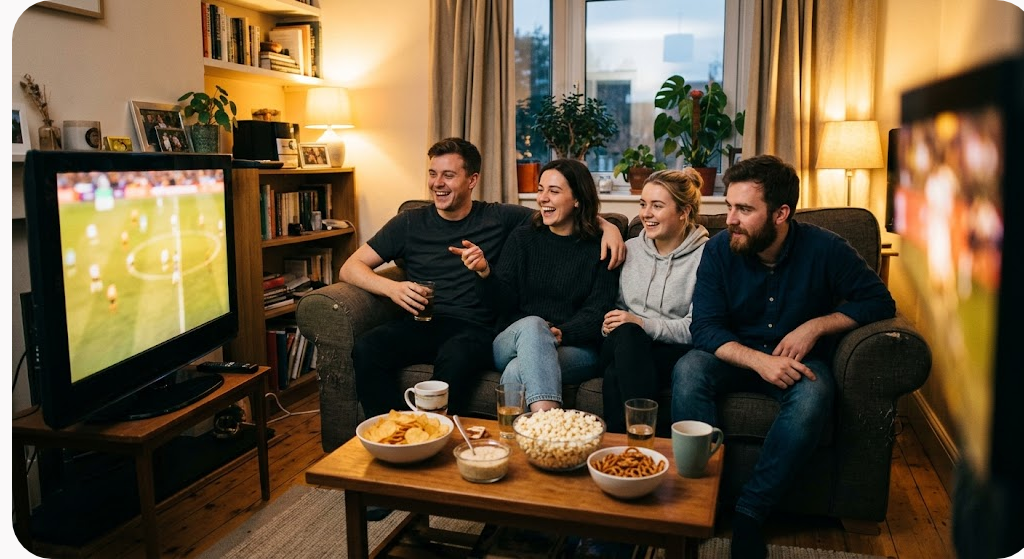 Nhóm bạn ngồi trên ghế sofa cùng xem trận bóng đá trên tivi trong phòng khách