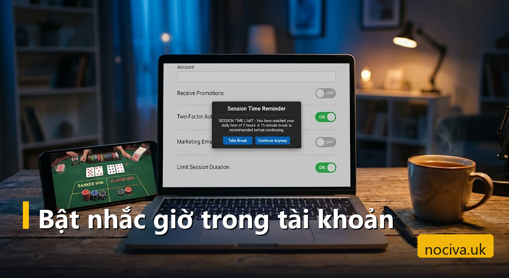 Màn hình laptop bật công cụ nhắc giờ của cờ bạc có trách nhiệm