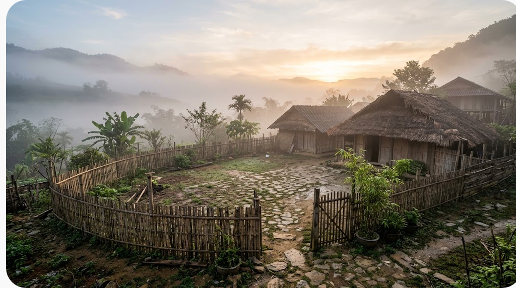 Khoảng sân quê vắng lúc bình minh với hàng rào tre và làn sương mỏng