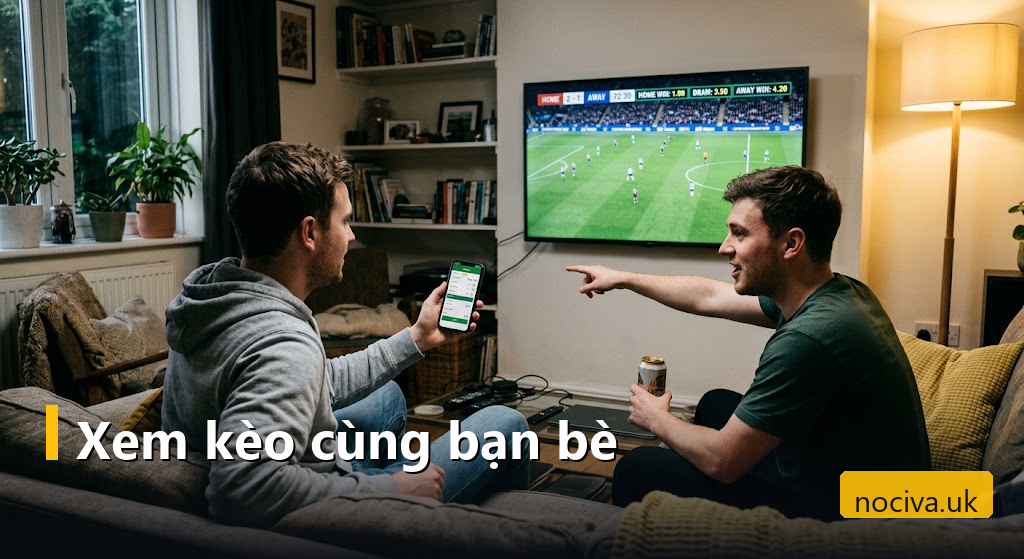 Hai người bạn xem trận bóng trên tivi và bảng kèo trên điện thoại