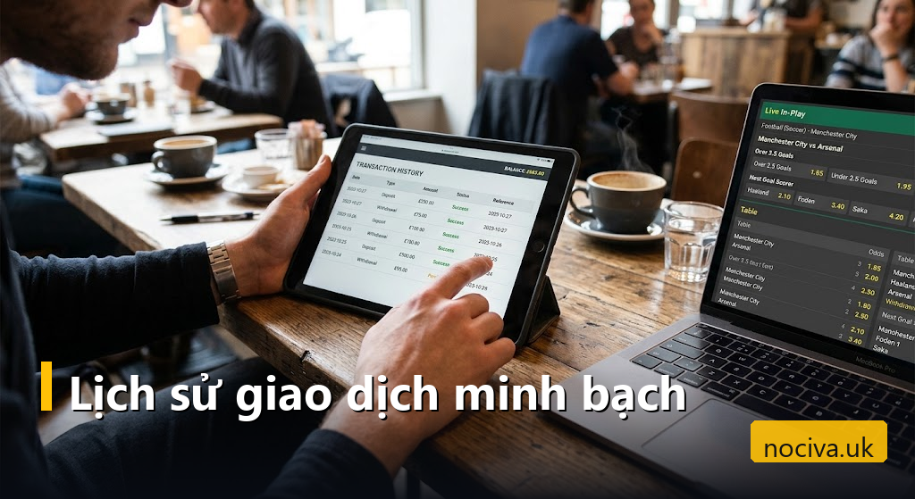 Phương Thức Thanh Toán Cá Cược: So Sánh Ngân Hàng, Ví Điện Tử Và Crypto Trước Khi Chọn 6 Người xem lại bảng lịch sử giao dịch nạp rút tiền trên máy tính bảng cạnh laptop hiện bảng tỷ lệ kèo